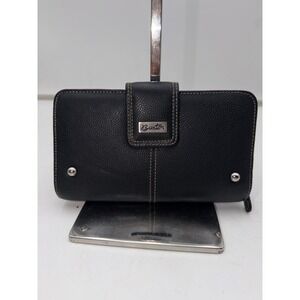 Buxton Black Pebbled Leather Clutch Wallet Snap Closure Organizer Zipper Pocket